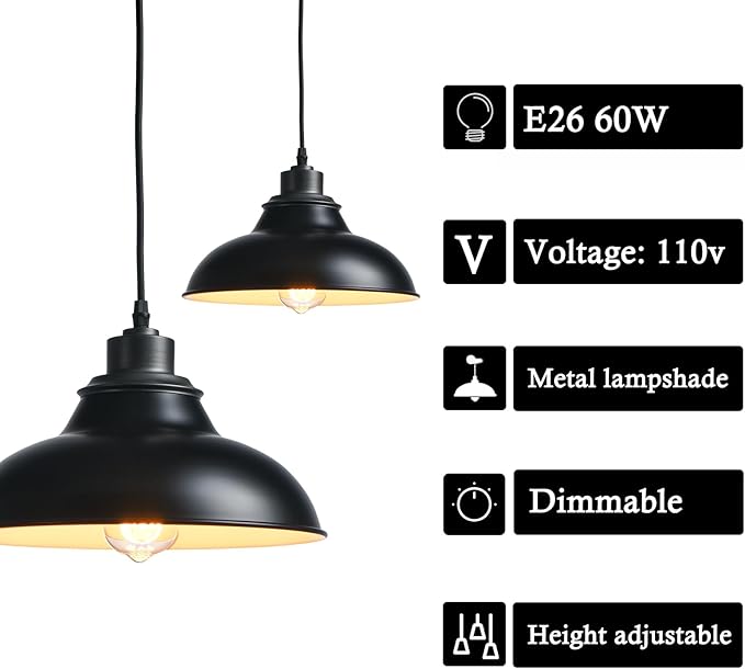Black Pendant Lights Kitchen Island Farmhouse Pendant Lights Modern Hanging Pendant Light for Dinning Room Living Room Bedroom Bar