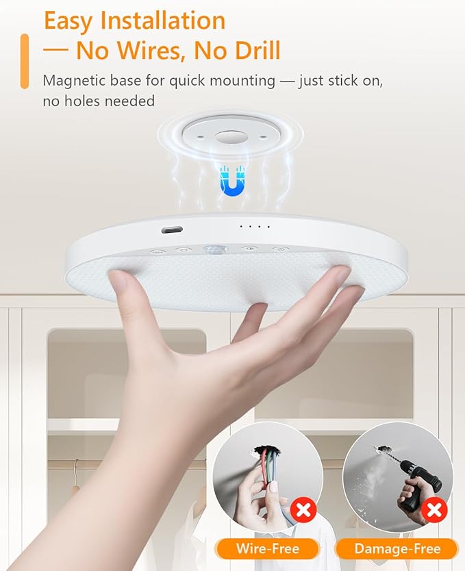Rechargeable 6W Motion Sensor Ceiling Light Indoor, Wireless Magnetic Stick-On, Remote Control for Color & Brightness, Battery Operated Light for Shower, Closet, Bathroom, Pantry, Hallway, 1-Pack
