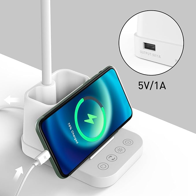 AXX White LED Desk Lamp with USB Charging Port, Flexible Gooseneck Table Light, 650LM, Phone Mount, Pen Holder, Timer Settings, Study Essentials for College Dorm Room Home Office Bedroom