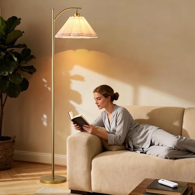 Floor Lamp with Pleated Linen Lampshade, Modern Flower Floor Lamp for Living Room Arc Standing Lamp, Tall Lamp for Bedroom Office Dining Room, Bulb Included
