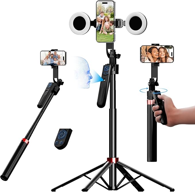 70" Auto Face Tracking Tripod for iPhone, 360 Rotation Travel Selfie Stick Mount with Remote, Gesture Control and Fill Light, Motion Sensor Phone Tripod for Tiktok YouTube Video Vlog Recording