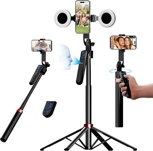 70" Auto Face Tracking Tripod for iPhone, 360 Rotation Travel Selfie Stick Mount with Remote, Gesture Control and Fill Light, Motion Sensor Phone Tripod for Tiktok YouTube Video Vlog Recording