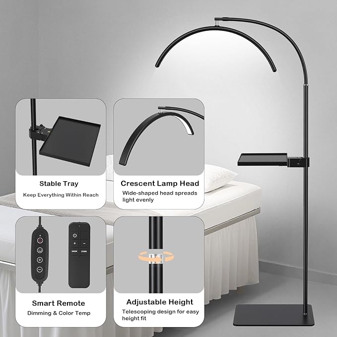 Half Moon Lash Light with Tool Tray for Eyelash Extensions & Estheticians, Dimmable LED Lash Lamp with Flexible Gooseneck, Shadow-Free Moon Light for Lash Tech, Tattoo, SPA, Eyelash Lamp (BLack)