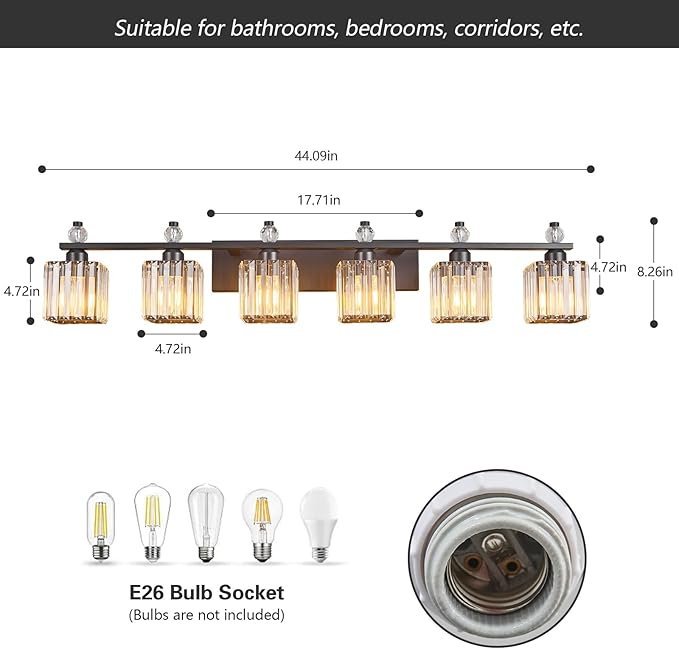 Vanity Lights 6-Light Modern Crystal Vanity Light Sand Black Bathroom Light Fixtures Over Mirror Crystal Bathroom Vanity Lighting Fixtures