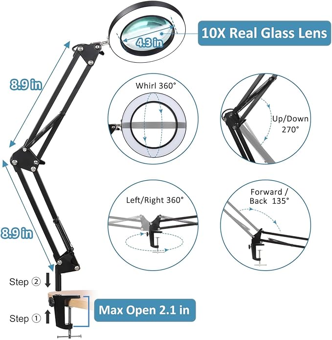LANCOSC 12X Magnifying Glass with Light and Stand, Real Glass Lens 3 Color Modes Stepless Dimmable, Hands Free Adjustable Arm LED Lighted Magnifier Desk Lamp & Clamp for Crafts Reading Repair - Black