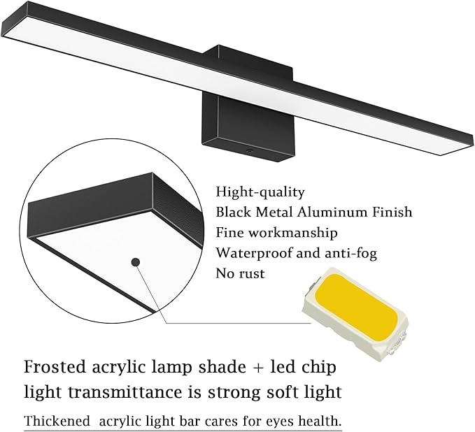Ralbay 5 Color Temperature Dimmable LED Modern Bathroom Vanity Light Bar 24inch 16W Matte Black Modern Acrylic Bathroom Wall Lighting Fixtures Over Mirror