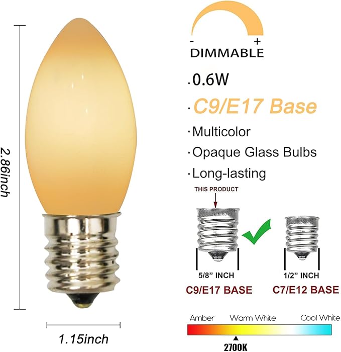 GOOTHY 25 Pack C9 LED White Christmas Light Bulbs, C9 Warm White Christmas String Lights Replacement Bulbs UL Listed for Outdoor Indoor, E17 Base Led Bulb, 0.6W Saving Energy LED Night Light Bulbs