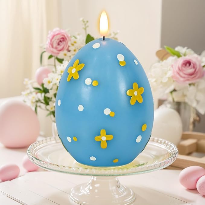 DRomance Easter Flameless Candles Battery Operated with 6 Hour Timer Battery Operated Real Wax Color Painted Easter Egg Shaped LED Flickering Candles Dinner Spring Holiday Decor(Blue, 2.4"D x 6.3"H)
