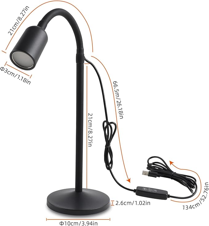 DAMI Dimmable LED Desk Lamp USB Powered, 3 Color Modes Flexible Gooseneck Reading Light, Eye-Caring Small Table Lamp for Home Office Study Bedroom Dorm Bedside - Black