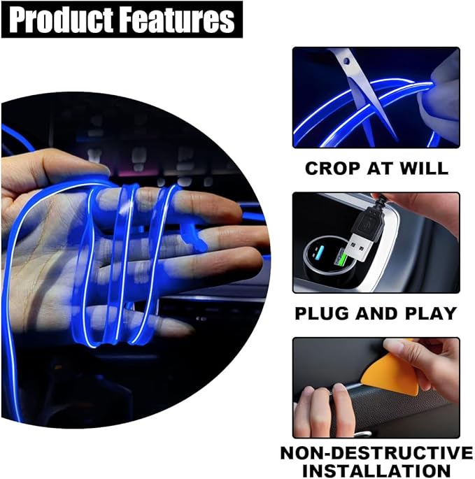 EL Wire Interior Car LED Strip Lights, USB Car Neon Light Strip with Sewing Edge, 16FT Neon Light 5V with Fuse Protection, Electroluminescent Car Indoor Decorations (Blue)