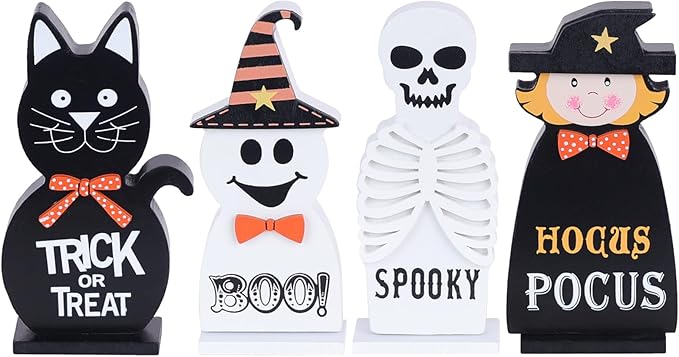 Halloween Decorations Indoor, DECSPAS 4 PCS Wood Blocks Halloween Table Decor, Ghost Black Cat Skull Witch Gothic Tabletop Ornaments, Hocus Pocus Decorations for Home, Tiered Tray, Shelf, Mantel