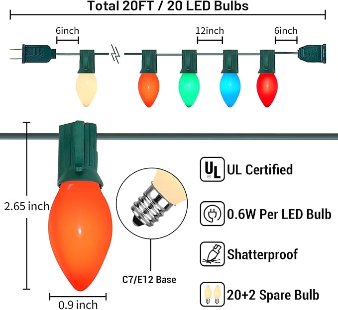 C7 LED Multicolor Christmas Lights 20Ft Outdoor String With 22 Ceramic Bulbs, Hanging Vintage Decorations for Party Indoor Outdoor, Green Wire