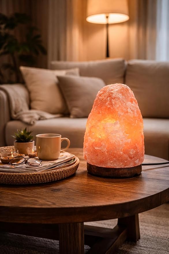 Himalayan Pink Salt Lamp 7 inch – Natural Rock 5-7 lb Crystal Night Light with Wooden Base, Warm Glow Bedside Lamp for Bedroom, Living Room, Meditation