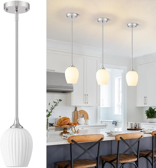 Milk Glass Pendant Lights Kitchen Island, 1-Light 5.8" Brushed Nickel Modern Pendant Light Fixtures with Rods, Mini Hanging Lighting for Kitchen Island Sink Bathroom Dining Room, E26 Base