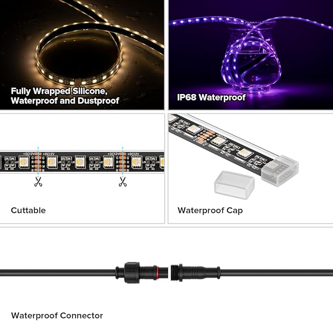 BTF-LIGHTING IP68 Waterproof Outdoor RGBW LED Strip 5050SMD RGB+Cool White(6000K-7000K) 4 Colors in 1 DC24V 5m 16.4ft 60LED/m Multi-Colored Tape Lights for Kitchen Decoration(No Adapter or Controller)