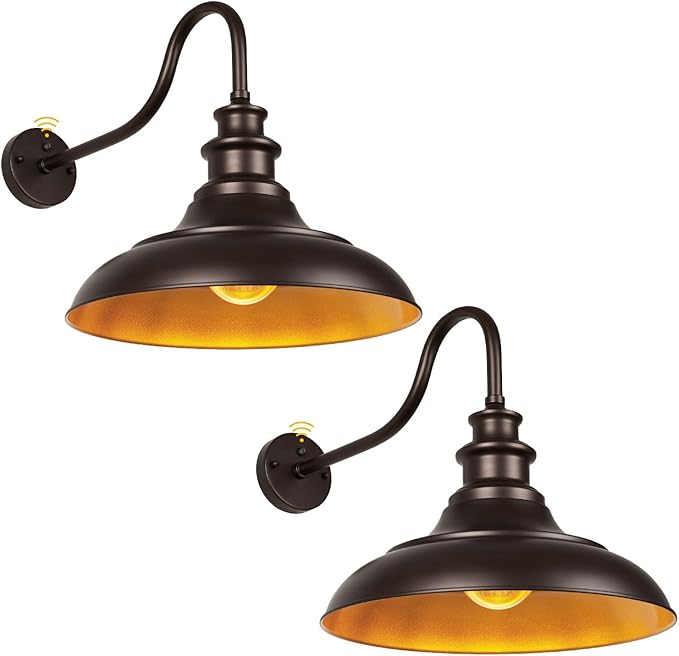Exterior Farmhouse Gooseneck Barn Light, 2PCS Dusk to Dawn Outdoor Lighting, 16 Inch Vintage Outside Garage Lights Fixtures for Patio Frontdoor Entryway Doorway