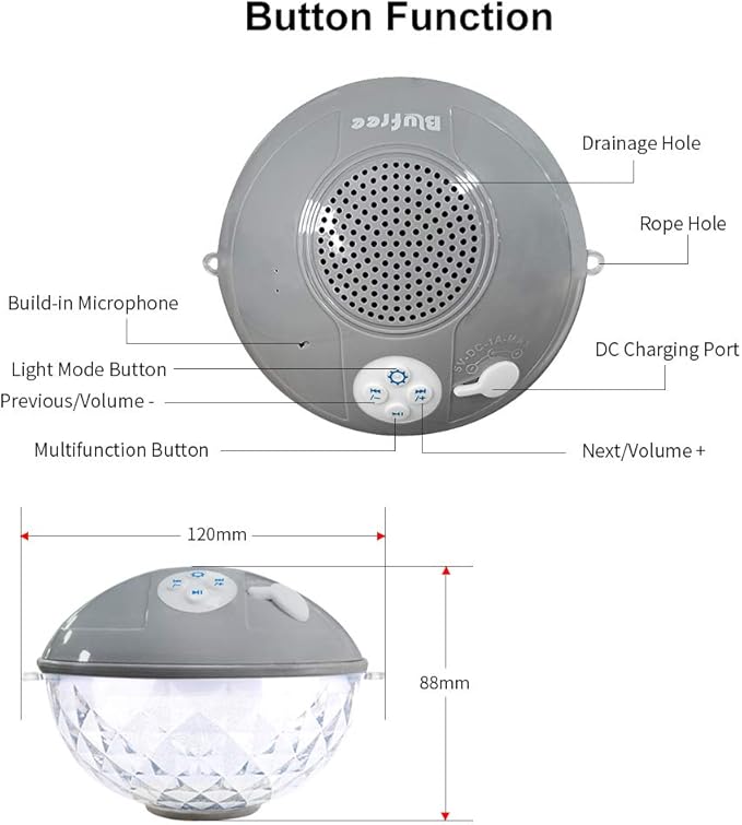 Blufree Floating Pool Speakers with Colorful Lights, IP68 Waterproof Bluetooth Speaker for Pool, Crystal Clear Sound Hot Tub Speaker for Pool, Spa and Outdoor