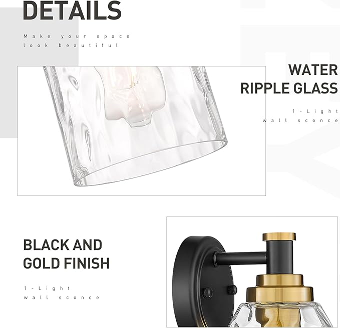 zeyu Wall Sconces Set of 2, 1-Light Bathroom Light Fixtures, Modern Vanity Light Wall Lamp with Water Ripple Glass Shade, Black and Gold Finish, ZG33B-2 BK+BG-WG