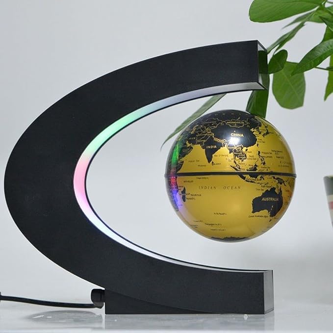 Floating Globe with LED Lights C Shape Magnetic Levitation Floating Globe World Map for Desk Decoration (Gold)