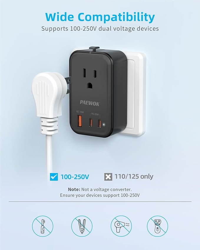 Travel Adapter PD 20W, Mini Universal Travel Adapter with 1 AC Outlet and USB Fast Charging, Ultra Thin International Plug Adaptor for US to European UK Italy Spain New Zealand (Type C G A I)