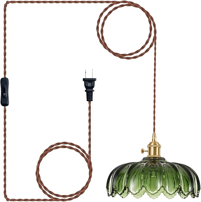 Plug in Pendant Light Fixtures: Hanging Light Plug in Green Glass Hanging Lamp, Pendant Lighting for Kitchen Island, Bedroom, Dining Room, Living Room, E26 No Bulb