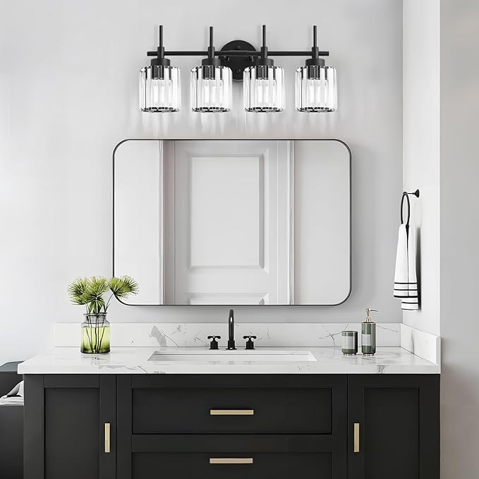 4 Light Round Crystal Vanity Lights, Modern Black Crystal Wall Light Bath Mirror Light Fixture Over Mirror Bathroom Wall Sconces for Bathroom Living Room