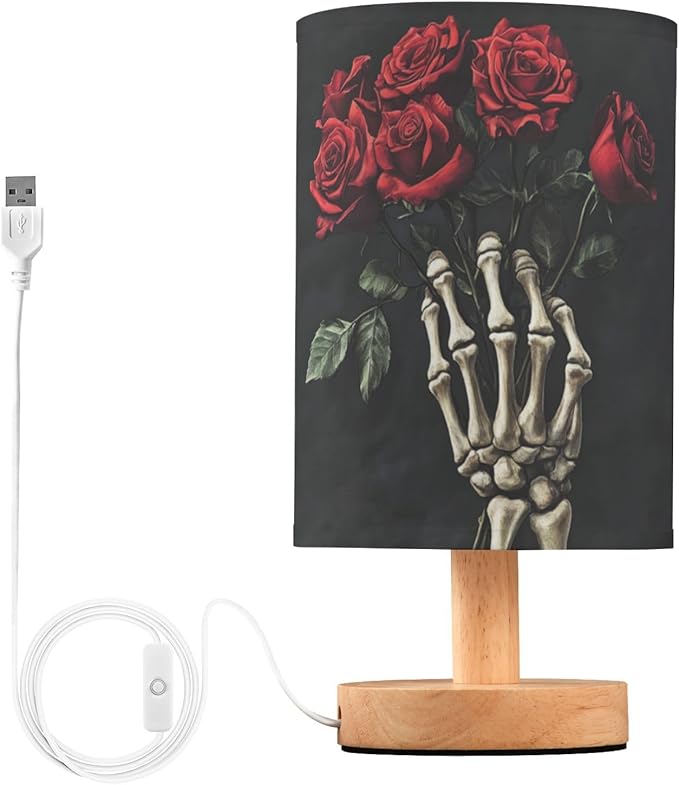 Skeleton Hand Roses Bouquets Romantic Bedside Table Lamps with USB Port for Bedroom Lamp Accent Table Lamp Small Nightstand Lamp Sturdy Linen Shade Wooden Base Decorative Lamps for Kids|Dorm|Home