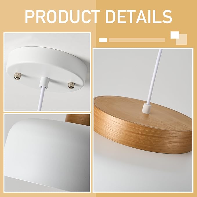 Large Pendant Lighting, 17.7 inch,Natural Wood Cap, Adjustable Cord,Simple Modern Chandelier for Dining Room, Kitchen Table Matte White