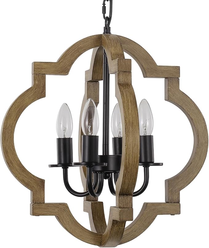 Farmhouse Orb Chandelier, 4-Light Rustic Wood Chandelier for Dining Room, 15.74'' Pendant Light for Kitchen Island Hallway Foyer Entryway Bedroom