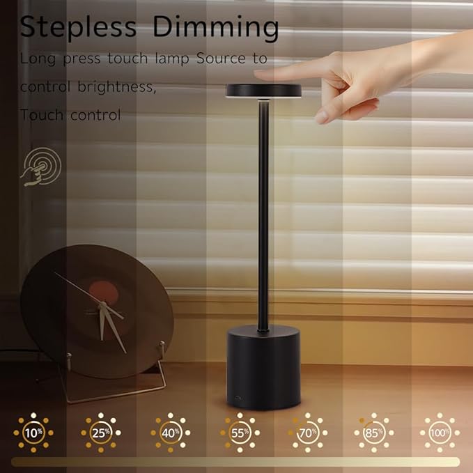 Rechargeable Cordless Table Lamp,Portable Outdoor 5000mAh Battery Operated LED Table Light Touch Control 3 Color Dimmable for Bedroom,Patio,Cofee,Camping,Dining,Restaurant&Livingroom-Black