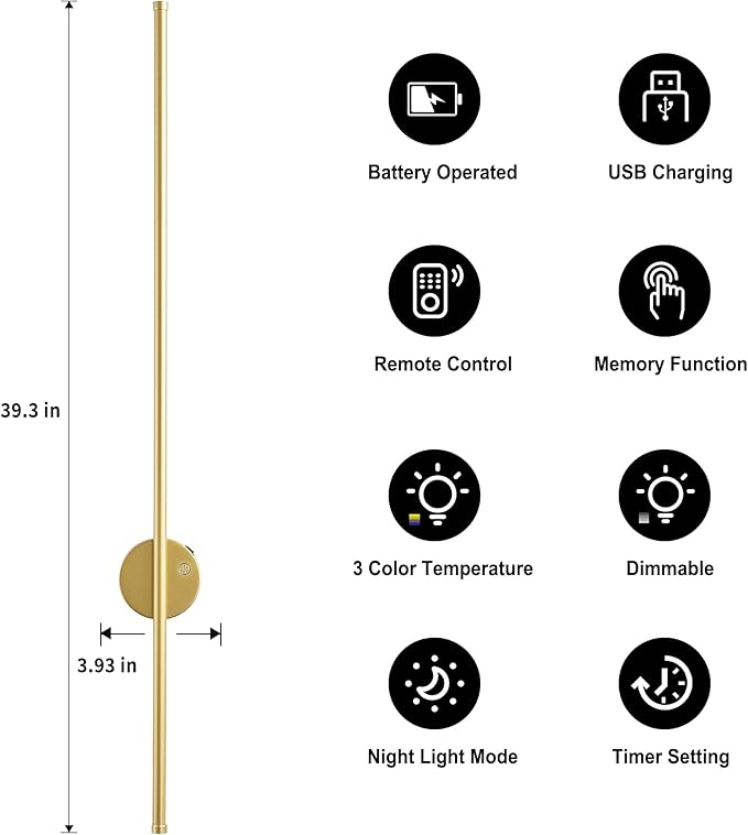 Motion Sensor Battery Operated Wall Sconce Set of Two - Modern Rechargeable Wireless Wall Lights with Remote Control, Dimmable, 3000K/4000K/6000K, Timer for Living Room, Hallway, Gold, 39.3 Inch