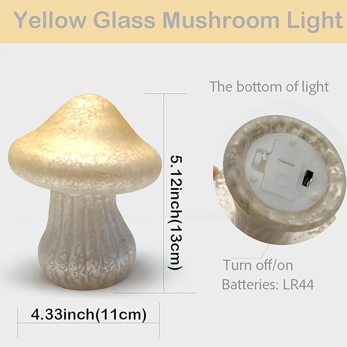 Glass Mushroom Lamp Cute Lamps for Bedrooms Battery Operated Mushroom Night Light Funky Lamp Ideal for Indoor & Outdoor Garden Decor (Yellow, Set 1)
