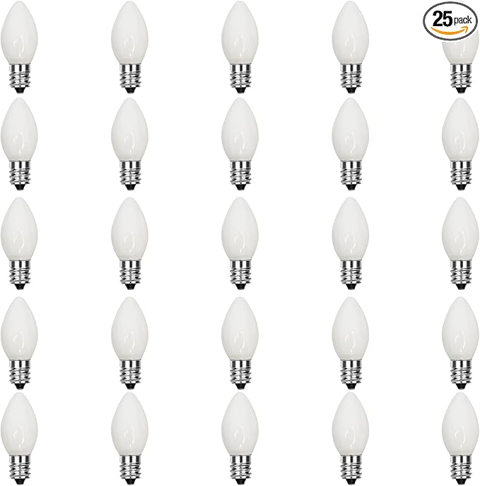 C7 LED White Replacement Bulbs, 25 Pack C7 Ceramic White Christmas Light Bulb, 0.6W Night Light Bulbs Vintage Replacement Bulbs for Outdoor Christmas String Lights