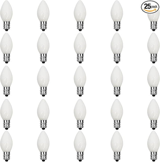 C7 LED White Replacement Bulbs, 25 Pack C7 Ceramic White Christmas Light Bulb, 0.6W Night Light Bulbs Vintage Replacement Bulbs for Outdoor Christmas String Lights