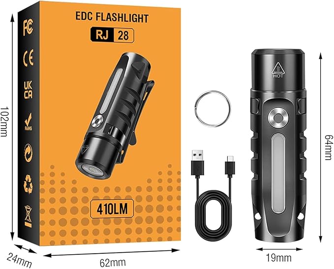 BORUIT RJ28 Mini EDC Keychain Flashlight,Rechargeable 410 Lumens LED Keyring Light with Clip,Magnetic Tail,21 Modes,USB-C Charging,IP66 Waterproof Flash Light for Everyday Carry & Emergency