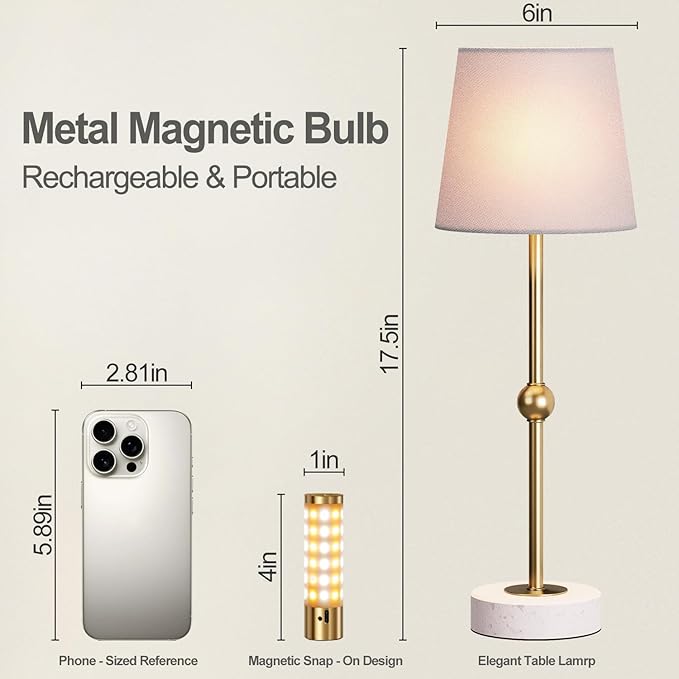 17.5" Cordless LED Table Lamp – Rechargeable & Dimmable with Detachable Magnetic Bulb, Marble Base, Brass Finish, – Affordable Luxury Accent Light for Bedroom, Bar, Restaurant, Urban Decor