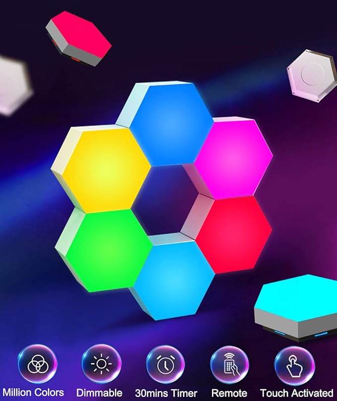 Hexagon LED Lights with Remote Control, Hexagon Wall Lights RGB Gaming LED Lights for Gaming Setup Touch Sensitive, DIY Geometry Modular LED Light Panels for Gaming Room Bedroom Streaming, 10 Pack