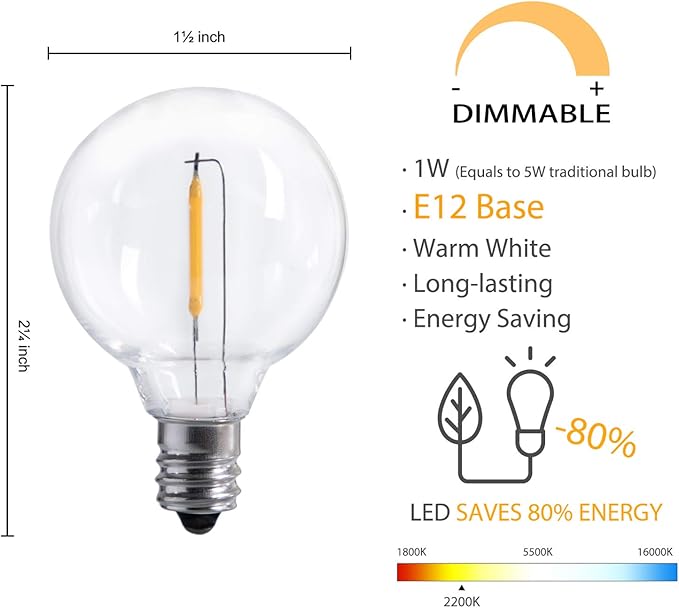 Brightown G40 Led Replacement Light Bulbs 1W Shatterproof Globe Bulb fits E12 or C7 Candelabra Screw Base Sockets, 1.5 Inch Dimmable Light Bulbs for Indoor Outdoor Patio Decor (50Pack)