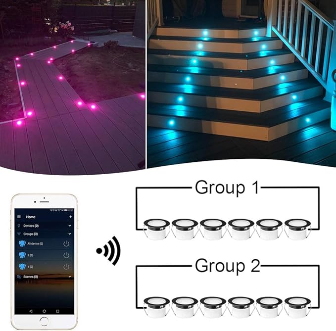 FVTLED WiFi LED Deck Lights Kit RGBW, 10pcs Φ1.77 Smart Phone Control Low Voltage Recessed Muticolor & Warm White Soffit Yard Path Stair Decor Lamp Fit for Alexa Google Home, Black Shell