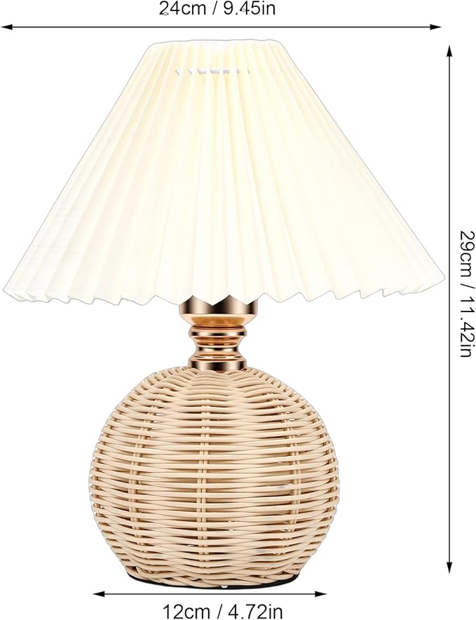 Hyuduo Pleated Table Lamp, Soft Yellow Light with Linen Lampshade and Rattan Base Bedside Lamp for Bedroom Nightstand, 10 Inch Shade 15 Inch Height Warm Glow Accent Light, Ideal for (Beige)