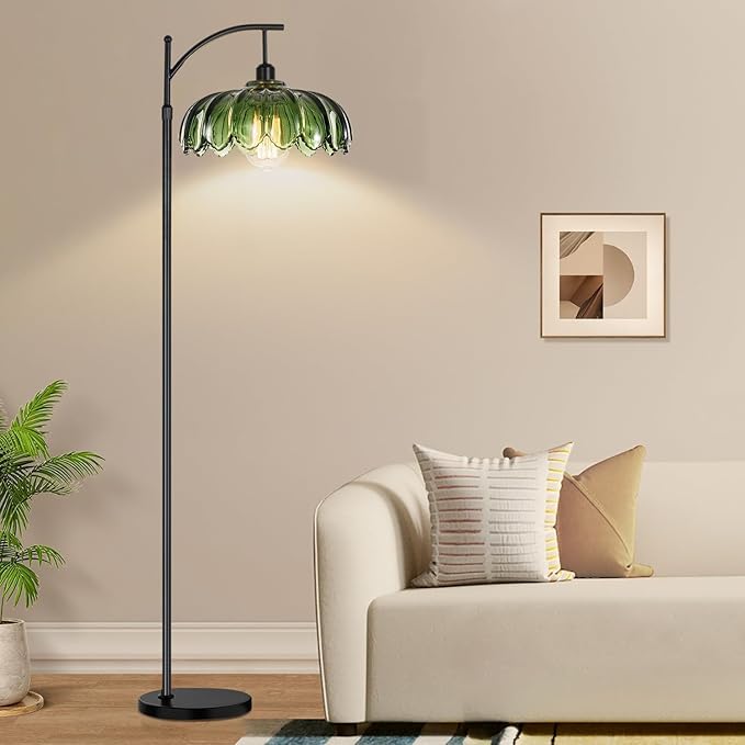 Glass Floor Lamp for Living Room,Bedroom,Mid Century Modern Standing Lamp with Remote,Dimmable Black Tall Lamp Lamp Vintage Retro Arc Floor Lamps Flower Floor Light Boho Bohemian