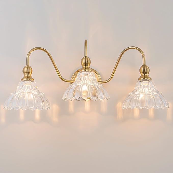 Vintage Bathroom Light Fixtures Over Mirror, 3-Light Brass Wall Sconce Lighting with Flower Glass Shade, Farmhouse Vanity Lights for Bedroom Kitchen Living Room Hallway Light