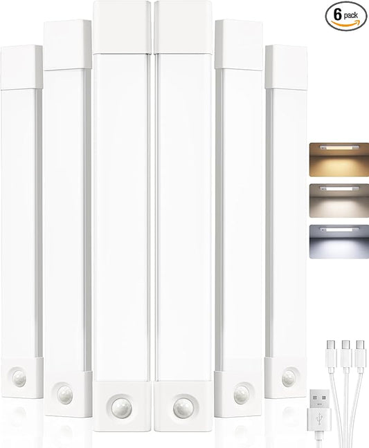 EZVALO 6-Pack Under Cabinet Lighting, Wireless Closet Lights, 50 LED Rechargeable Motion Sensor Light, Dimmable, 3 Color Temperatures, 11.8 inch Counter Lights for Kitchen, Pantry, Bedroom, Wardrobe