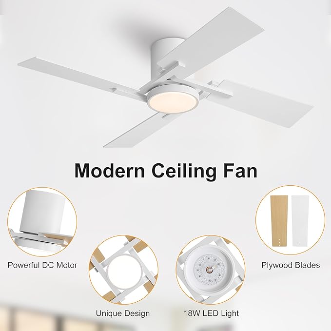 WINGBO 48" Flush Mount Ceiling Fan with Light - 4 Plywood Blades, 6-Speed Reversible DC Motor, Dimmable, 3CCT, Noiseless Low Profile Ceiling Fans and Light for Bedroom Living Room, White and Oak/White
