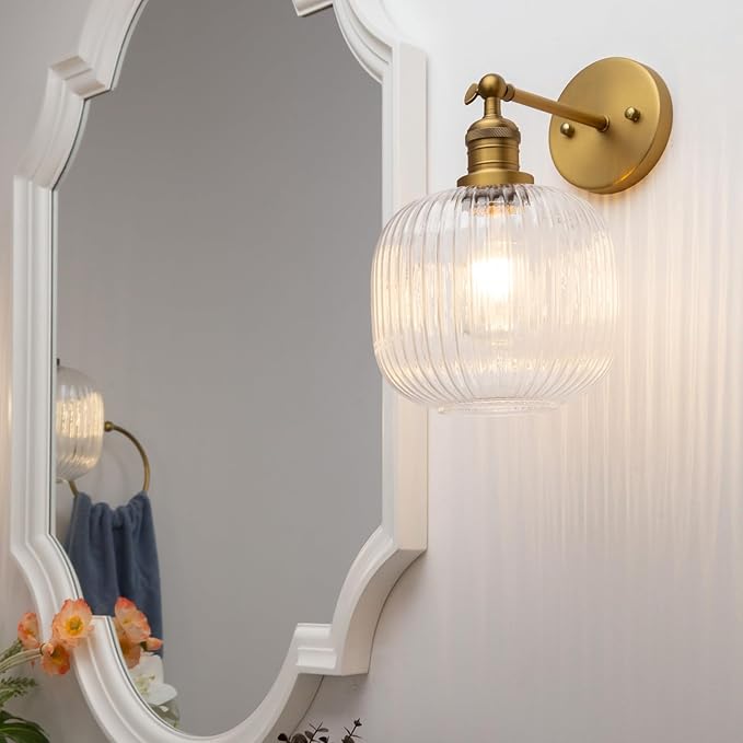 Pathson Modern Wall Sconce Lamp Clear Striped Round Glass, Hardwired Vintage Wall Vanity Light Fixture for Farmhouse Living Room Bedroom Bathroom Loft