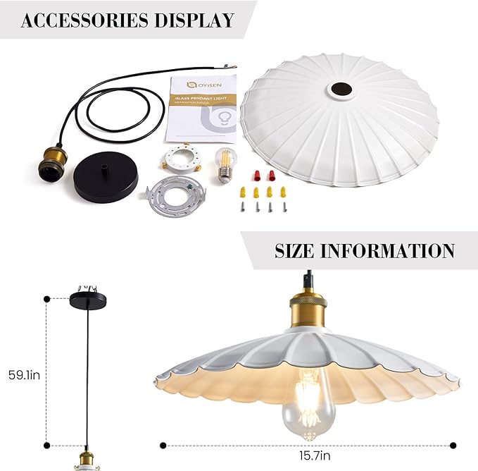 Pendant Light Fixture, White Farmhouse Vintage Pendant Light 15.7 Inch Lampshade with Adjustable Light Cord Kitchen Hanging Lights Retro Island Pendant Lights for Kitchen