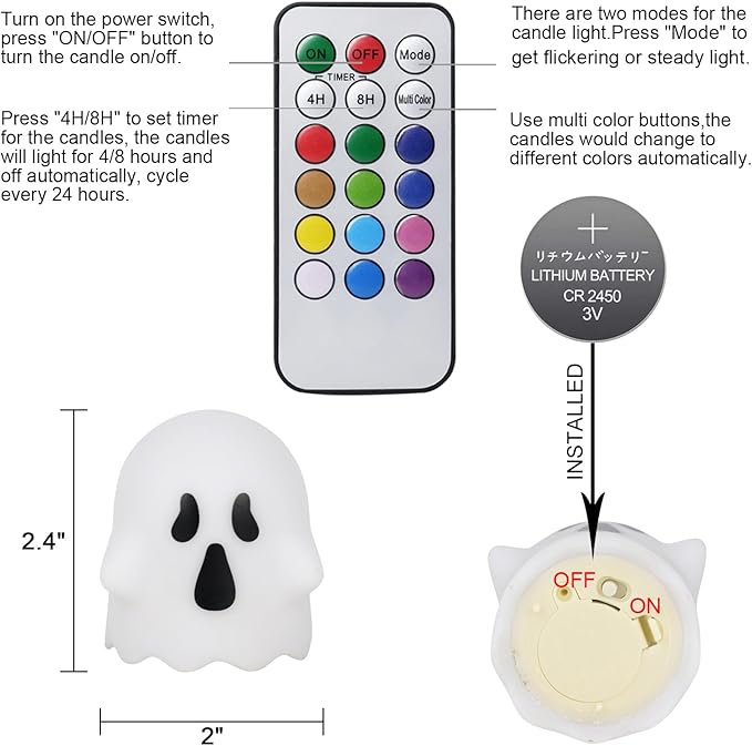 Wondise Halloween Flickering Flameless Candles with Remote and Timer, Color Changing Battery Operated Tea Lights Candles Spooky LED Candles for Halloween Home Horror Party Decoration(2 x 2.4 Inches)