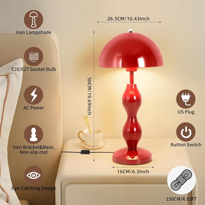 Mushroom Table Lamp,Unique Flowerpot Lamps for Bedroom,Red Cute LED Desk Lamp,Mid Century Modern Lamp for Nightstand,Retro Mushroom Table Lamps for Living Room Decor,Reading Room,Dorm,Study