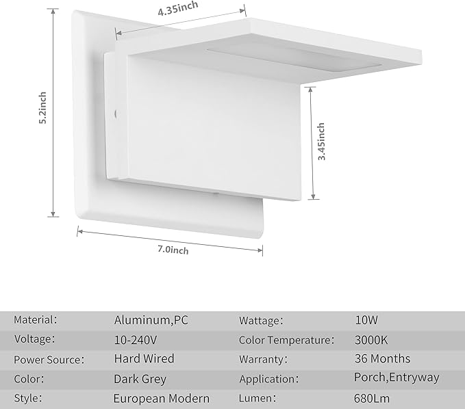 Wall Light Outdoor LED Wall Mount Lamp White Modern Wall Sconce Lighting Lantern Fixture for Porch Front Door Garden Yard Patio IP54 Waterproof 10W 680Lm 3000K