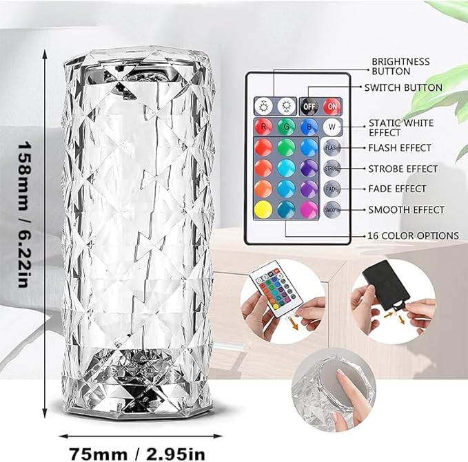 Rose Crystal Lamp RGB Color Changing Night Light Table Lamp,16 Colors &4 Modes Romantic Rose Diamond Home Decor Touch Crystal Table Lamp， USB Bedside Lamp for Bedroom Living Room for Kids